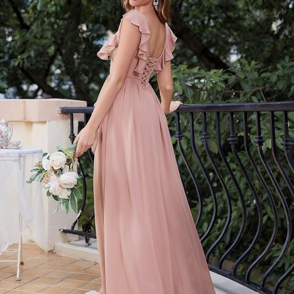 Evening  Chiffon Gown Ruffled Sleeves Sz M Brand New with Tags Dusty Rose Color - Picture 6 of 7